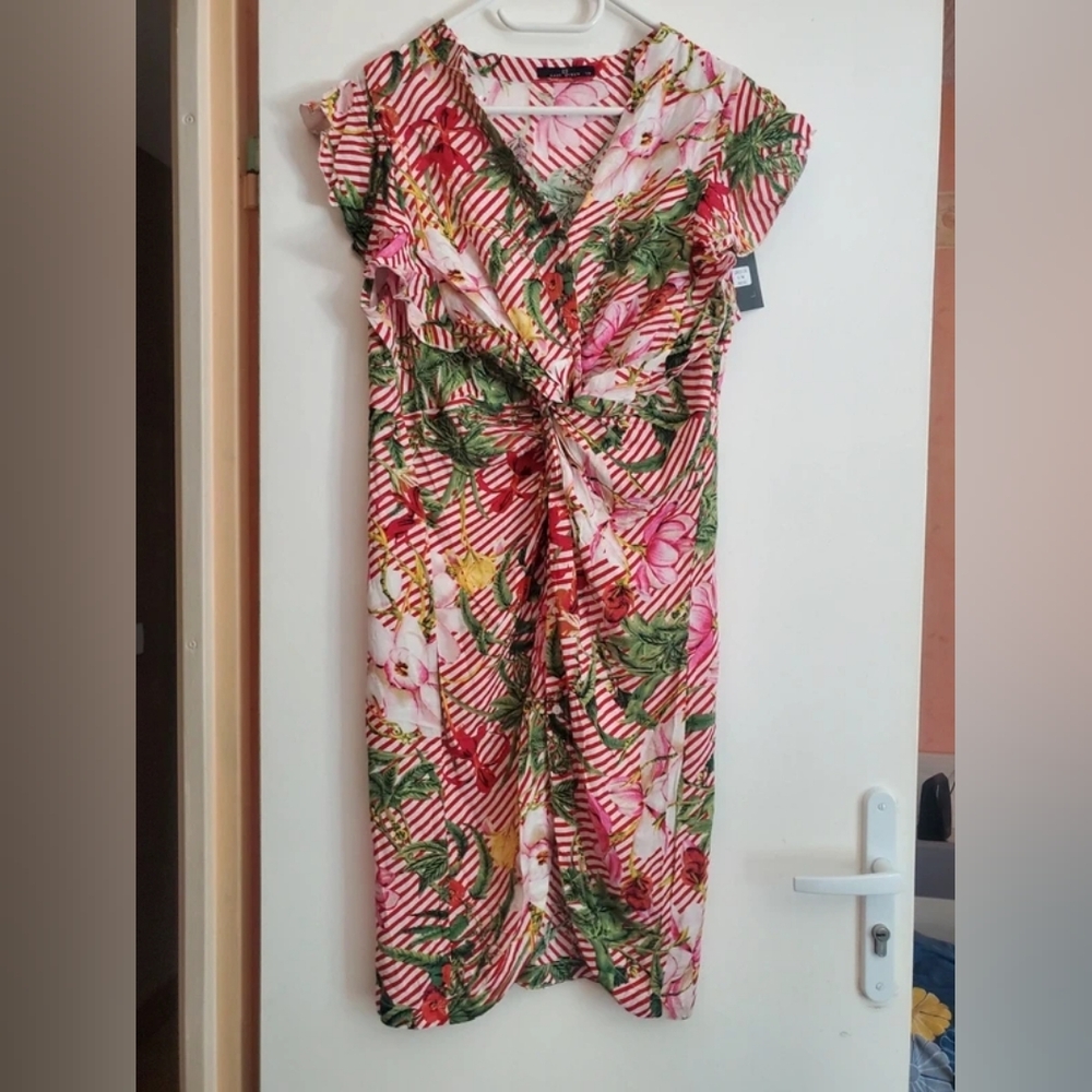 Floral Stripe Wrap-Front Women's Dress in Red and Pink